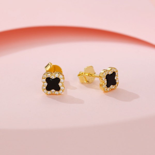18k Gold Plated Mini Clover Leaf Stud Earring Sterling Silver Black Onyx Tiny Minimal Dainty Flower Jewelry Set Girl Women Birthday Gift