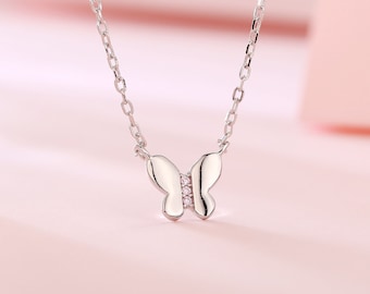 18k White Gold Mini Butterfly Necklace Sterling Silver Tiny Dainty Butterfly Pendant Minimal Mother Bridesmaid Gift Women Birthday Present