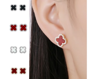 Gold Klee Ohrstecker, Zirkonia Sterling Silber Blume Ohrringe