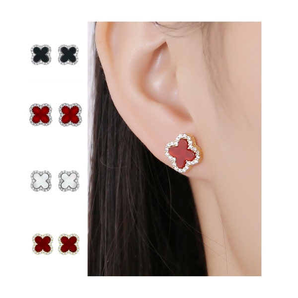 18k Gold Plated Sterling Silver Clover Leaf Stud Earring Cubic Zirconia Crystal Girl Women Flower Floral Birthday Gift