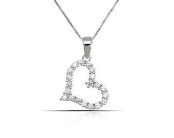 18k White Gold Heart Necklace Sterling Silver Pendant Cubic Zirconia CZ Crystal Adjustable Chain Women Girls Anniversary Birthday Gift Her