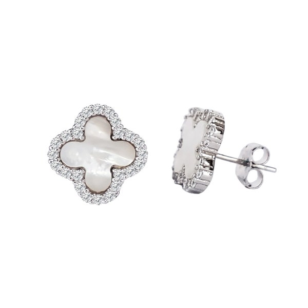 18k White Gold Clover Leaf Stud Earring Sterling Silver Mother of Pearl CZ Crystal Women Girl Flower Floral Jewelry Gift Birthday