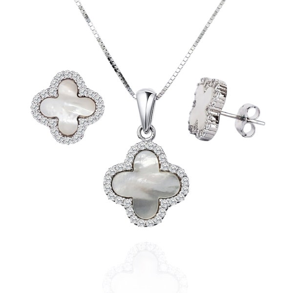 Ensemble de bijoux trèfle en or blanc 18 carats, collier et boucles d'oreilles en nacre en argent sterling, cristal CZ pour femme, bijoux à fleurs, cadeau pour elle