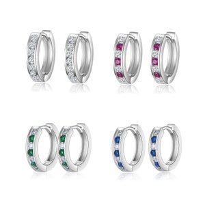Sterling Silver Huggie Hoop Earrings with CZ Crystal: Green, Blue, Pink