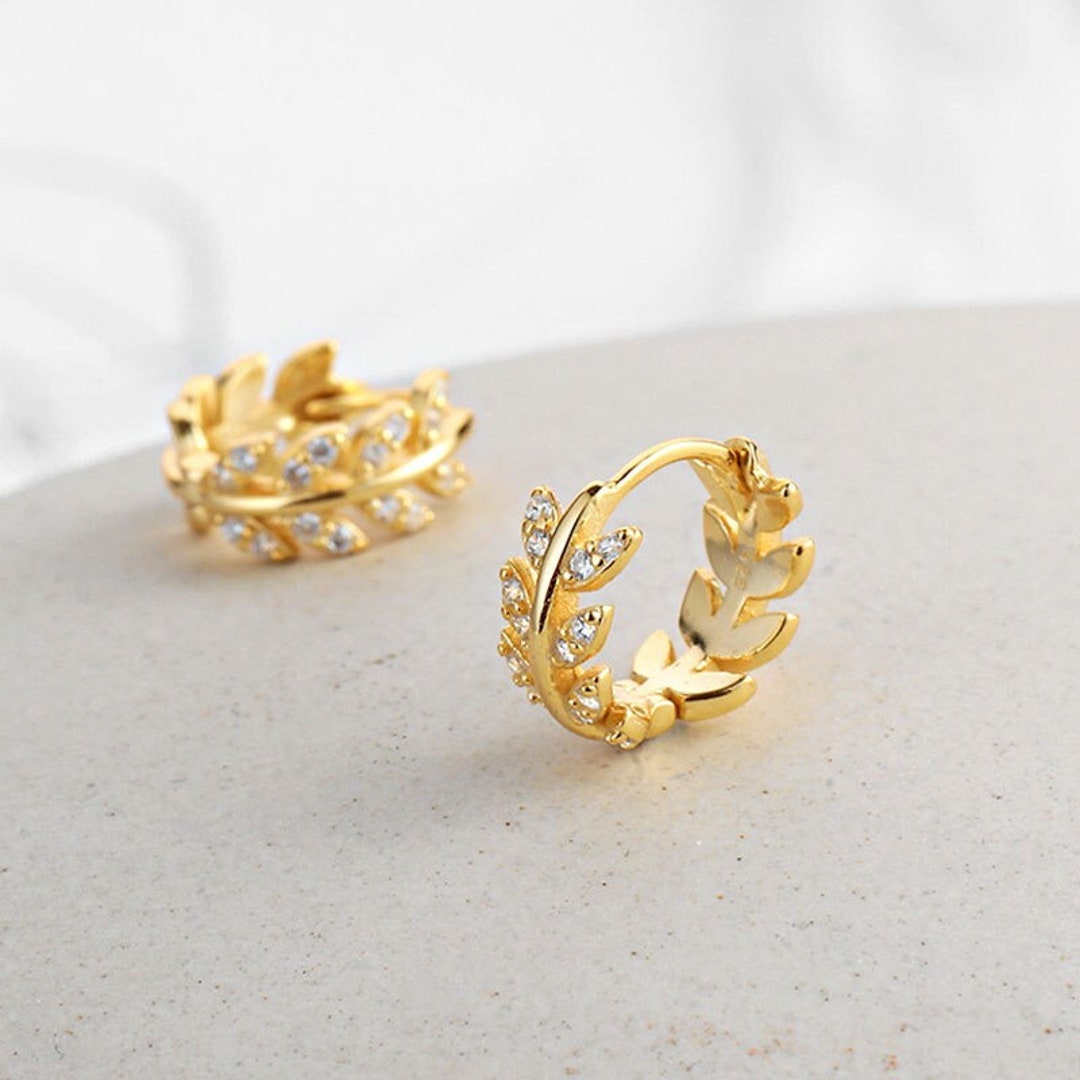 Gold Leaf Hoop Earrings With Dazzling CZ Silver Leaf With CZ Etsy