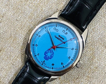 Beau vintage Hmt Gandaberunda Kannada chiffres cadran bleu remontage à la main 17 bijoux montre-bracelet pour hommes