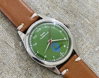 Belle vintage Hmt Gandaberunda Kannada Chiffres Cadran Vert Remontage Aiguille 17Bijoux Montre-Bracelet Homme