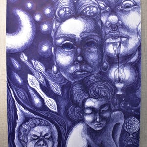 Signed Original Framed Art Piece &quot;Tribulations in Blue&quot; by Hannah S.C.Rygiel Wall Art Handmade Pen/Ink Illustration 12X9 in. home decor