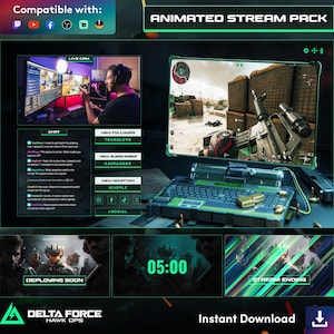 May include: Animated stream pack for video game streamers. The pack includes a variety of animated elements, such as a live chat, new follower alert, new subscriber alert, new donation alert, and a stream ending screen. The pack also includes a timer and a deploy soon screen. The pack is compatible with Twitch, YouTube, and Facebook.