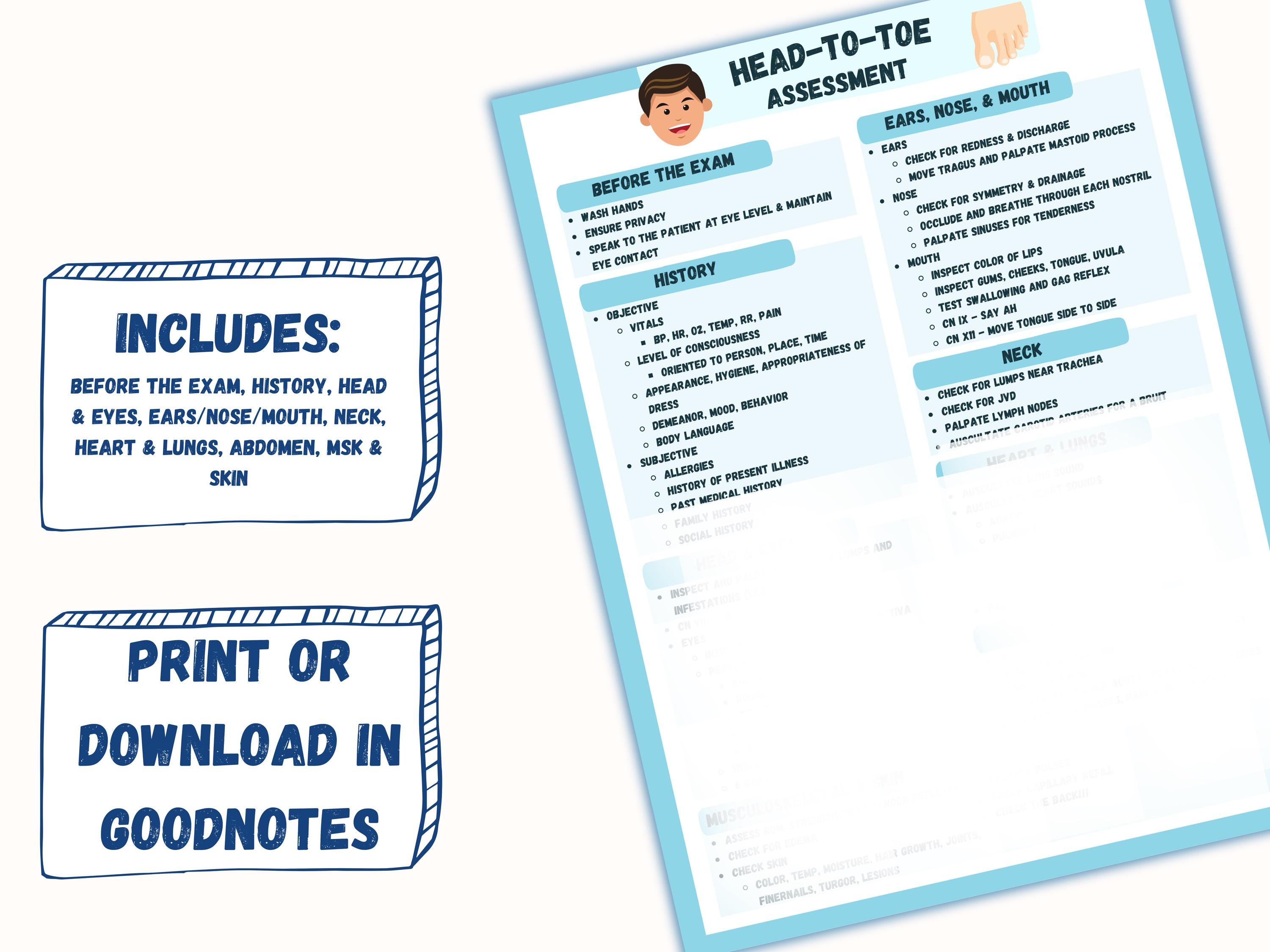 Head to Toe Assessment Study Guide Nurse Physical Health Assessment ...