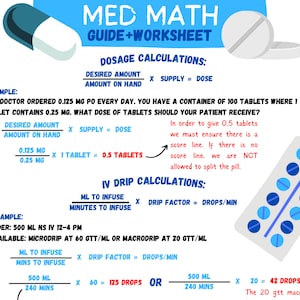 Nursing Medication Dosage Calculation Nursing Med Math Calculation Cheat Sheet & Worksheet-Student Nurse Review Sheet-3 Page PDF
