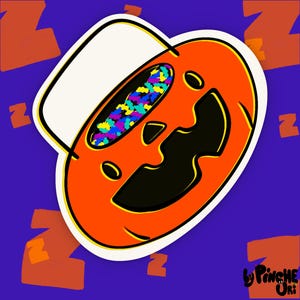 May include: A sticker of an orange pumpkin with a white bucket on top. The pumpkin has a black smiling face and a colorful pattern inside the bucket. The sticker has a white border and the text "by Pinche Uri" in the bottom right corner.