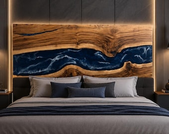 Testiera di lusso in resina blu scuro effetto fiume / Testiera moderna con onde in resina epossidica per camera da letto