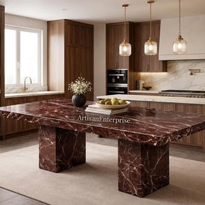 Rectangular Brown Marble Dining Table, Levanto Marble Table, Luxury Stone Dining Table, Modern Marble Table with Double Pedestal Base
