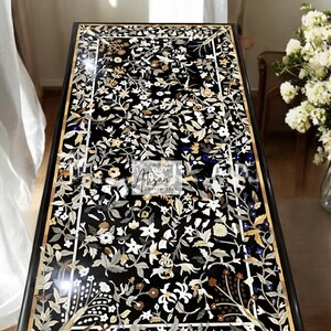 Luxury Black Marble Multi-Stone Table Top – Handmade Natural Gemstone Inlay Table for Elegant Dining and Home Decor