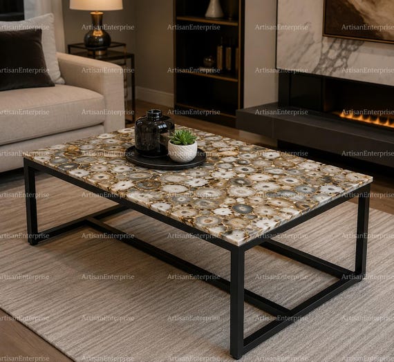 Natural Agate Coffee Table – Luxury Stone Center Table | Handmade Modern Living Room Furniture