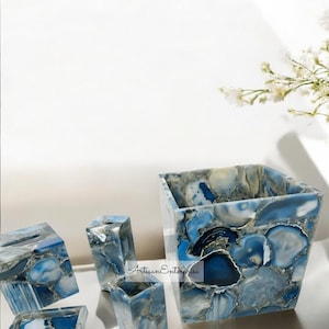 Elegant Blue Agate Gemstone Bathroom Accessory Set Of 5 pcs for Modern Bathrooms Luxury & Unique Gift Home Bathroom Interior Decors