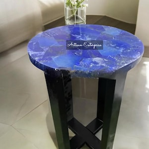 Handcrafted Lapis Lazuli Table Top: Marble Inlay Accent Table