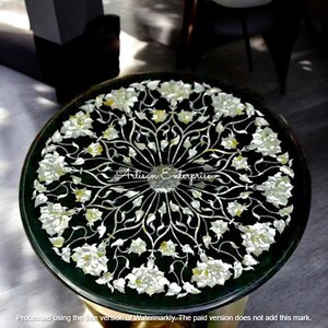 Black Marble Coffee Table Top: Handmade MOP Floral Inlay Art