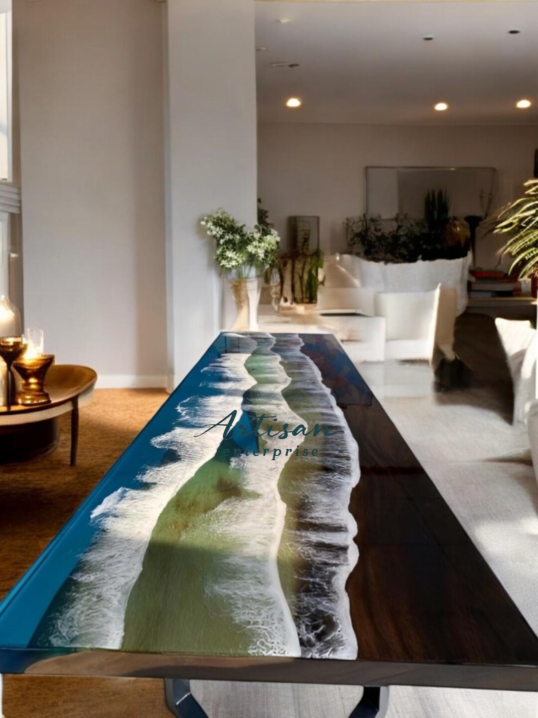 Epoxy Resin Custom Handmade Ocean Wave Dining Table Top With Live Edge ...