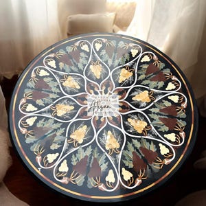 Elegant Black Marble Round Table Top – Handmade Semi-Precious Stone Inlay for Dining, Coffee, and Luxury Living Room Decor