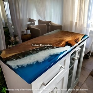 Handcrafted Ocean Wave Epoxy Dining Table: Wooden River Beach Decor