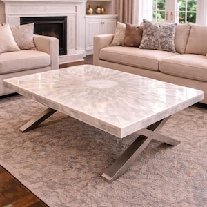 Round Selenite Stone Dining Table | Sunburst Crystal Top, Modern Pedestal Base