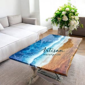 Epoxy Resin Handmade Acacia Wood Live Edge Dining Table Top Ocean Theme Rectangular Handmade Living Room Kitchen Furniture Housewarming Deco