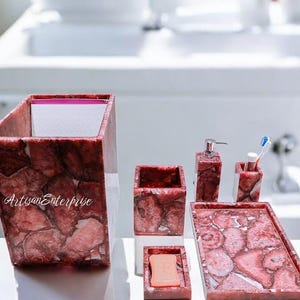 Luxury Agate Bathroom Accessories Set of 6 Pieces Set | Luxury Gemstone Soap Dispenser, Tray, and Modern Housewarming Bathroom Set Deco