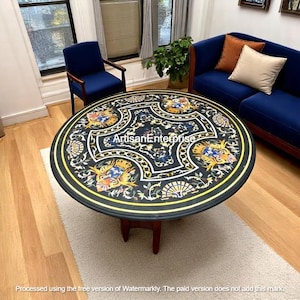Round Black Marble Center Sofa Coffee Table Semi Precious Stone Inlay Pietra Dura Arts Kitchen Slab Countertop Housewarming Decors