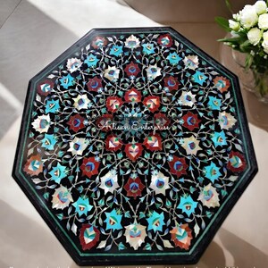 Semi Precious Inlay | Black Marble Coffee Table | Luxury Handmade Stone Table, Floral Inlay Furniture, Elegant Home Decor