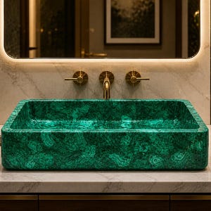 May include: A rectangular, emerald green bathroom sink with a unique marbled pattern. The sink is set against a marble countertop with gold fixtures, including a faucet and handles. A modern bathroom design.