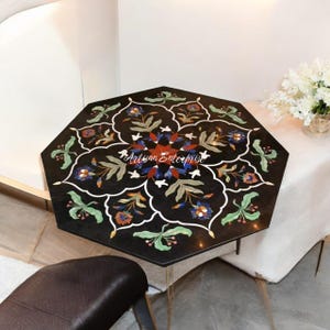 Black Marble Coffee Table Top: Floral Mother of Pearl Inlay