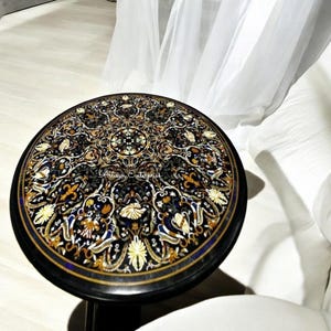 Black Marble Inlay Table Top, Multi Stone Dining Table, Handmade Stone Table, Round Coffee Table, Custom Marble Table Decor.