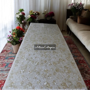 Handcrafted White Marble Table Top: Mother of Pearl Floral Inlay Art