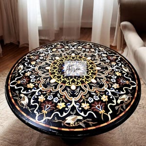 Elegant Black Marble Round Cafeteria Coffee Table Top Semi Precious Multi Stones Inlay Art Design || Handcrafted Hallway Center Piece Decor
