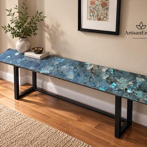 Blue Stone Console Table, Black Iron Stand, Modern Entryway Furniture