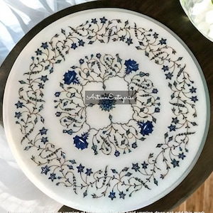 Handcrafted White Marble Table Top: Lapis Lazuli Floral Inlay Art