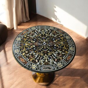 Made To Order Luxury Round Marble Black Coffee Counter Table Top Farmhouse Handmade Furniture Semi Precious Gemstone Mosaic Inlaid Home Deco