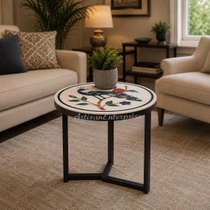 Mesa de centro de mármol blanco con incrustaciones de pavo real, mesa auxiliar decorativa con mosaico artesanal.