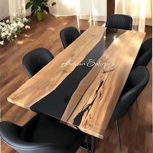 High-End Black Epoxy Resin Dining Table Top Stunning Live Edge Wood and Resin Table, Ideal for Dining Rooms, Offices, or Conference Spaces.