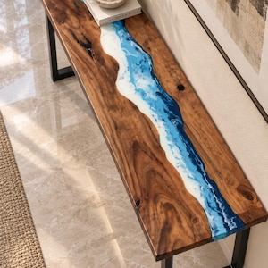 Live Edge Walnut Epoxy River Console Table, Black Iron Legs, Handmade Entryway Furniture