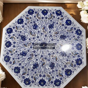 Handmade White Marble Coffee Table Top: Lapis Lazuli Floral Inlay Art