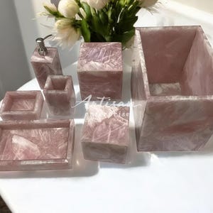 Pink Rose Quartz Bathroom Accessories Of 5pcs– Polished Natural Crystal Gemstone Bath Set for a Spa And Inspired Home Experience