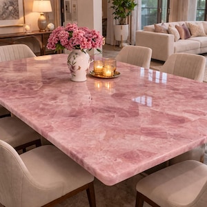 Mesa de comedor de cuarzo rosa – Lujosa piedra de cristal rosa, rectangular, hecha a mano, para 6-8 personas.