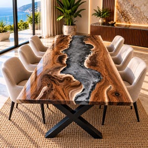Live Edge Walnut Epoxy Resin Dining Table, Gray River Resin Table, Handmade Wooden Dining Table, Modern Rectangle Table, Black Iron Legs