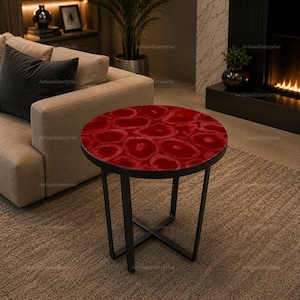 Red Agate Round Accent Table | Polished Stone Side Table, Modern Living Room Furniture