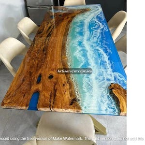 Handmade Ocean Wave Epoxy Resin Table: Live Edge Coastal Decor