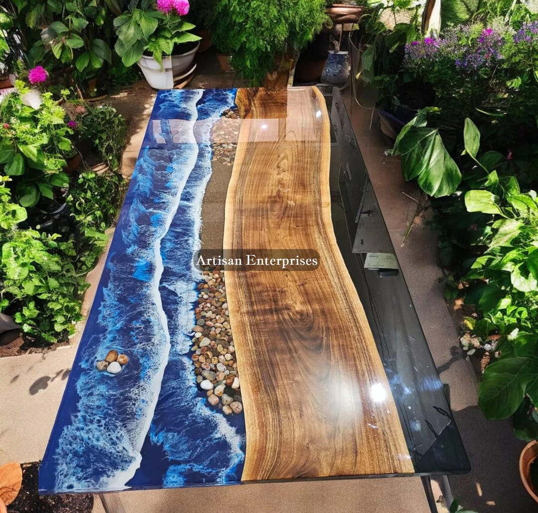 Handmade Ocean Wave Epoxy Resin Live Edge Dining Table - Etsy