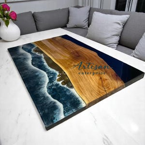 Handmade Ocean Wave Epoxy Resin Table: Live Edge Wood, Coastal Decor